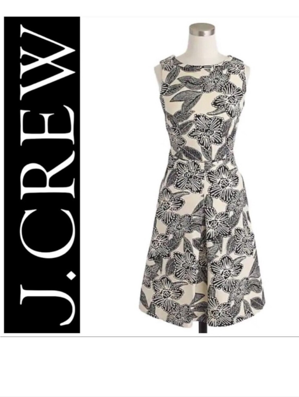 🌺J.Crew Floral Cutout Back Fit & Flare Dress Black Ivory Size 6 Pockets